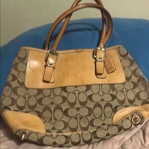 Coach Brown and Tan Signature Shoulder Bag